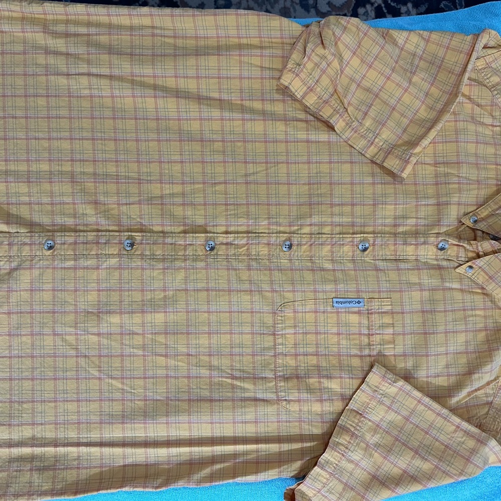 Columbia Men's Yellow and Pink Plaid Button Down Shirt
